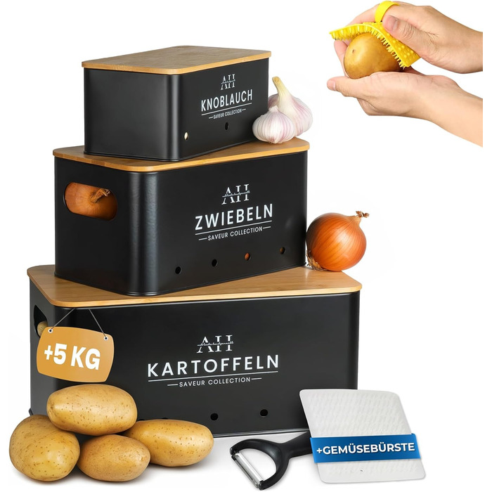 Набір коробок для зберігання картоплі та овочів AH® (4 шт.) з щіткою для овочів. Підходить для зберігання картоплі, цибулі та інших овочів. Чорний колір, преміум-якість.