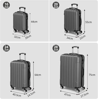 Набір валіз LALAHO 3/4/5 шт. з косметичками, жорсткий корпус ABS, сірий колір. Ідеальний для подорожей та ручної поклажі