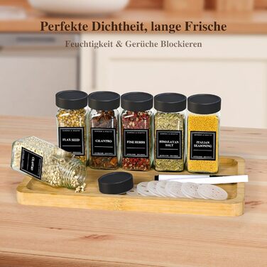 Набір скляних банок для спецій 24 шт. [120 мл, кутові & герметичні] з кришками з нержавіючої сталі, етикетками та ситами - набір спецій, воронки та щітки для чищення - зберігання спецій, баночки для спецій (матова чорна)