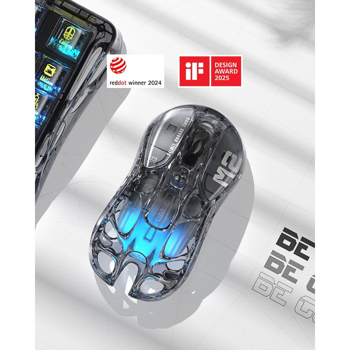 GravaStar Mercury M2 Бездротова ігрова миша з 26000 DPI, сенсор PAW3395, 79г, 5 RGB-режимів, 5 програмованих кнопок, Tri-Mode (2.4GHz/Bluetooth/кабель), для PC/Mac – (Прозорий чорний)