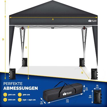 Павільйон Tillvex 3x3м водовідштовхувальний з 4-ма мішками з піском | Pop-Up павільйон, стабільний та регульований по висоті | Садовий намет з UV захистом 50+ | Намет для вечірок з сумкою для саду (Антрацит) 3x3м, без стін