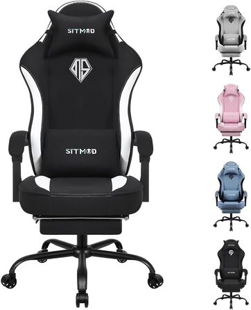 Ігровий крісло Stoff для дорослих, PC комп'ютерне крісло з підніжкою, ергономічний ігровий стіл, регульована спинка та висота сидіння, поворотне крісло для дорослих з підтримкою попереку, до 150 кг (Чорно-білий)