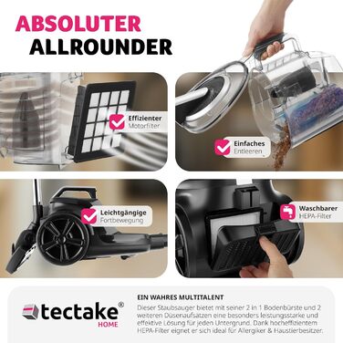 Пилсос Tectake VC900 без мішка, 900 Вт, потужний, для дому, з кабелем, для видалення шерсті тварин, Easy clean, для килимового та твердого покриття