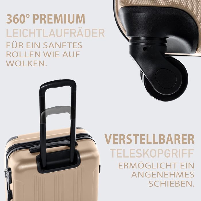 Набір валіз FERGÉ QUÉBEC 3 шт. з жорстким корпусом (Handgepäck, L, XL) – валіза-тролі, 4 колеса, 100% ABS, Champagner