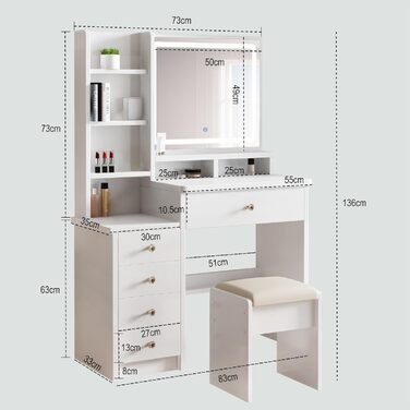 Дзеркальний туалетний столик з LED-підсвічуванням та пуфом, 6 шухляд, 3 відкриті полиці, для спальні, білий, з дерева