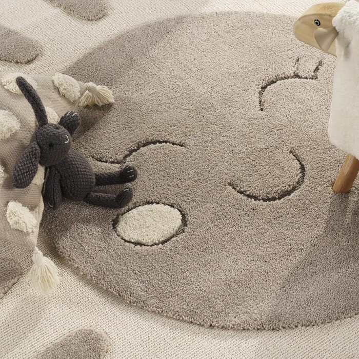 Домашній килим Paco Дитяча кімната Дитячий килимок Ігровий килимок Ігровий килимок Ігровий килимок Мотив короткого ворсу Сонце 3D ефект М'який сучасний декор, Розмір Колір (120 см Круглий, Кремовий 3)