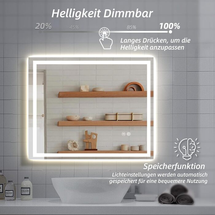 Дзеркало для ванної кімнати HySail з підсвічуванням, 80x60 см, 5 мм, антизапарник, сенсорне керування, 3 кольори світла, диммування