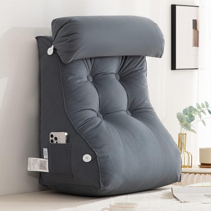 Подушка для читання COYEUX, велика подушка для ліжка з кишенею, спинка для телевізора, клиновидна подушка з підтримкою шиї, для сидіння в ліжку, на дивані або на підлозі (з підголовником) сіро-блакитна, ширина 55 см (з підголовником)