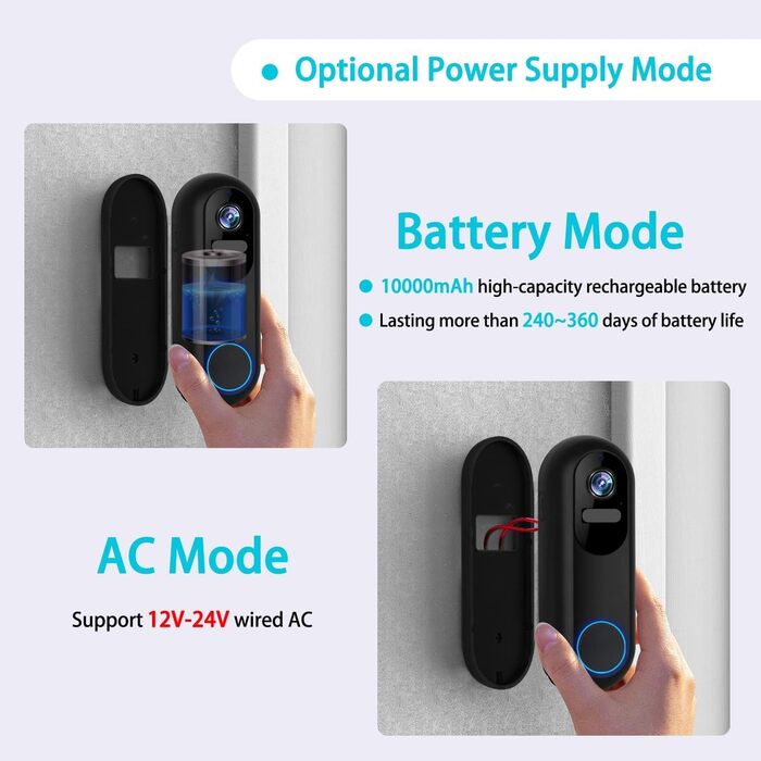 Відеодзвінок UCOCARE з камерою, 2K HD, Wi-Fi, ширококутний об'єктив, нічне бачення, водонепроникний IP66, підтримка SD/Cloud-пам'яті