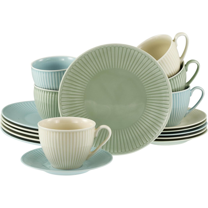 CreaTable Набір кавового сервізу Valencia Pastell, 18 предметів для 6 осіб, порцеляна, Made in Europe (Крем, Блакитний, Зелений)
