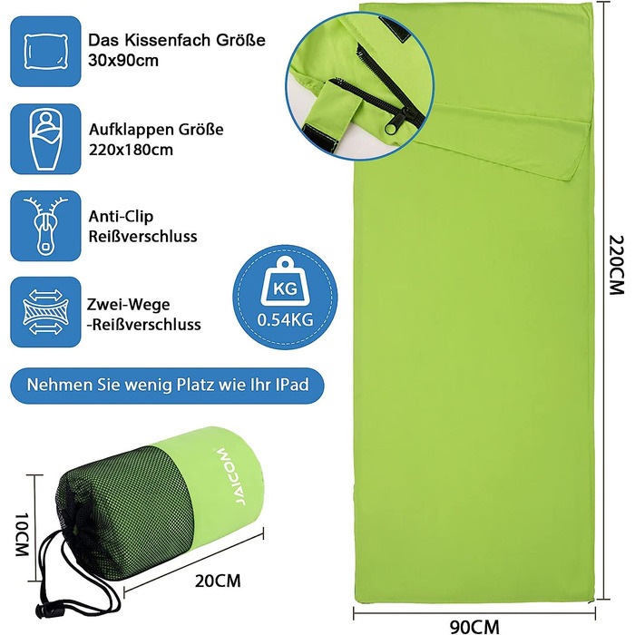 Спальний мішок для хатини JAICOM, надлегкий шовковий спальний мішок для подорожей, зручний і м'який спальний мішок невеликий розмір упаковки з мікрофібри, ідеально підходить для літа, піших прогулянок, готелів і котеджів (зелений)