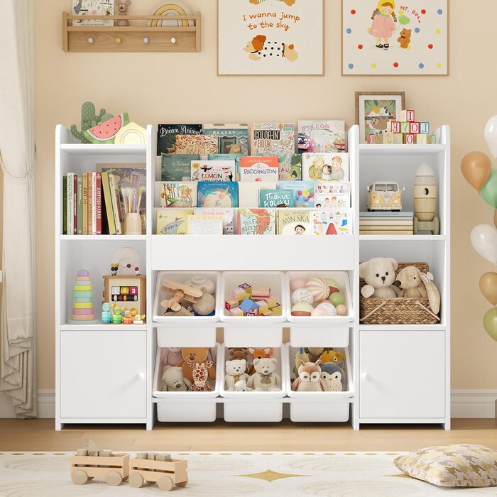 FOREHILL Дитяча полиця-стеллаж для іграшок та книг з 6 ящиками, 119 x 29,5 x 94 см, білий