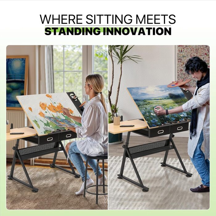 Набір мольбертів Magshion: регульований стіл для художника з нахиленою дерев'яною столешницею, ящиками та стільцем. Підходить для дому, офісу та школи (білий/чорний)