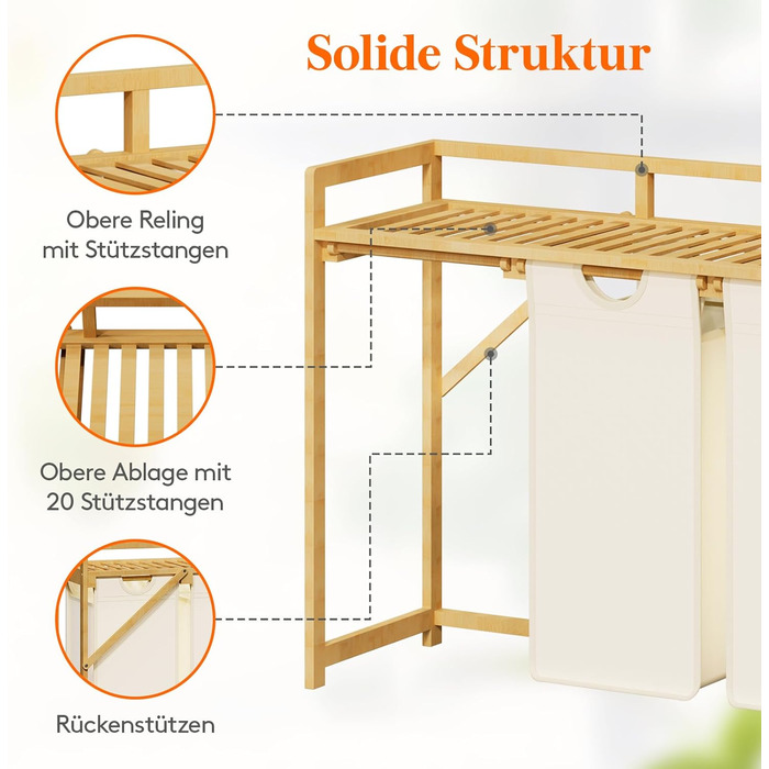 Кошик для білизни Lifewit з бамбуковим каркасом, 150 л, 3 відділення, білий. Сортер для одягу, рушників, іграшок. Розміри: 96 x 33.4 x 72 см