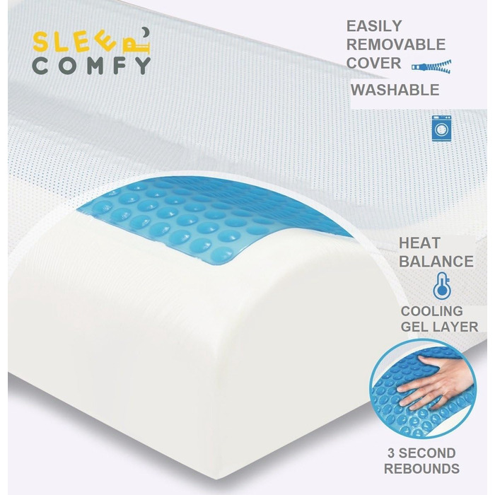 Подушка для сну Comfy Premium Gel Memory Foam: подушка для тих, хто спить на боці, з гелевим охолодженням, 60x40x14/12 см