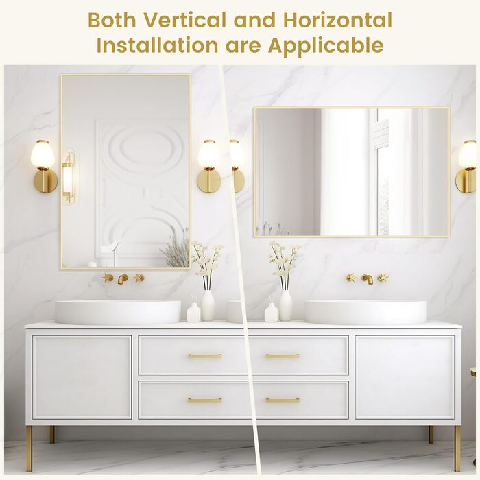 Дзеркало для ванної кімнати HOMECOOKIN 50.8 x 76.2 см з металевим каркасом, прямокутне, для встановлення над умивальником, вертикальне або горизонтальне (Золотий)