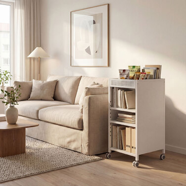 Мобільна полиця для книг з регульованими полицями, 3-рівнева візок з верхньою корзиною, білий