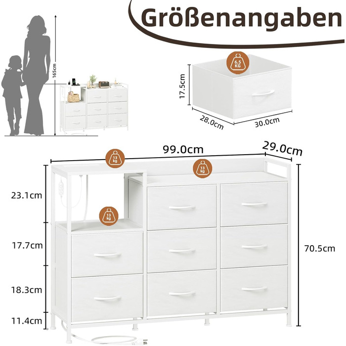 Комод Somdot для спальні, вітальні, прихожої з шухлядами, LED-підсвічуванням та розетками (2 AC, 1 USB, 1 Type-C), 5 тканинних шухляд, білий, 29T x 66,5B x 70,5H см (Комод Somdot з 8 шухлядами, біле шкірозамінник, 29T x 99B x 70.5H см)