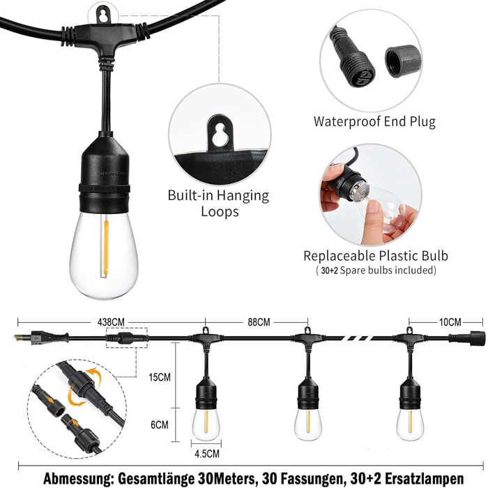 LED гірлянда для саду та тераси, 30 метрів, IP65, 15+1 лампочки E27, 2700K (тепле біле світло), для декору саду, вечірок та свят