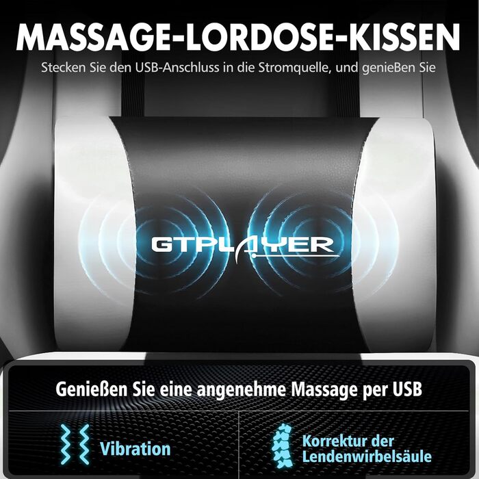 Ігровий крісло GTPLAYER з масажем, підніжка, підголовник, поперекова подушка, обертове, штучна шкіра, білий колір