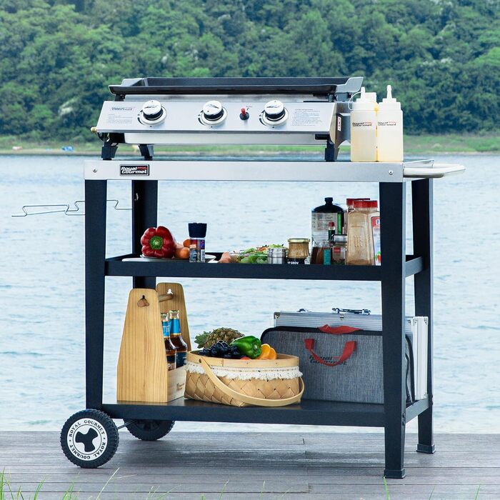 Сервісний візок Royal Gourmet з 3 ярусами, контейнер для сміття, візок для кухні, приставний столик, гриль Plancha, візок для гриля, з нержавіючої сталі, срібний, робоча поверхня 85 x 50 см
