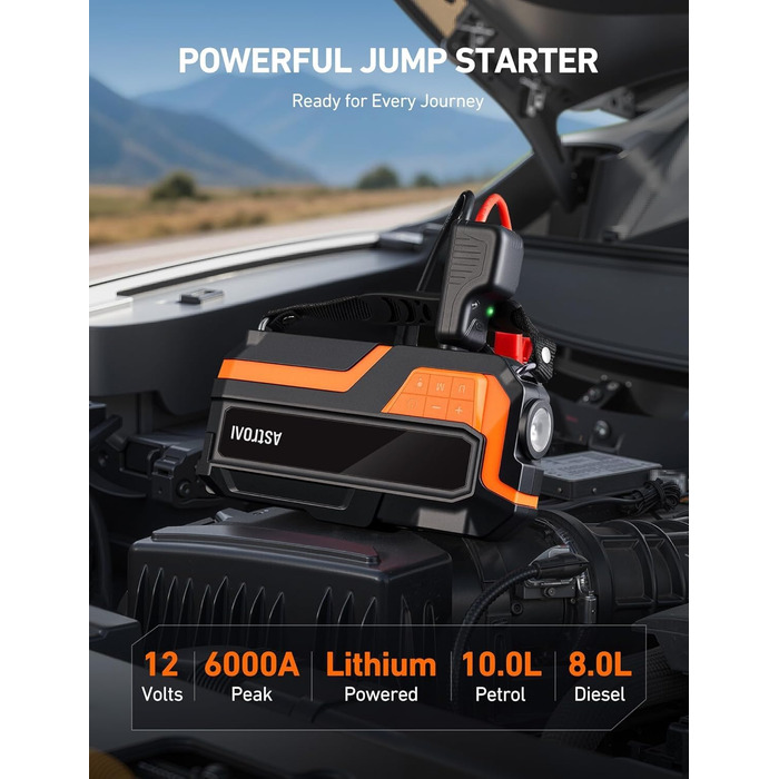 AstroAI MF16 Powerbank для запуску авто з компресором 150 PSI, 6000A, для 12V авто, мотоциклів, SUV, з LED-дисплеєм, помаранчевий