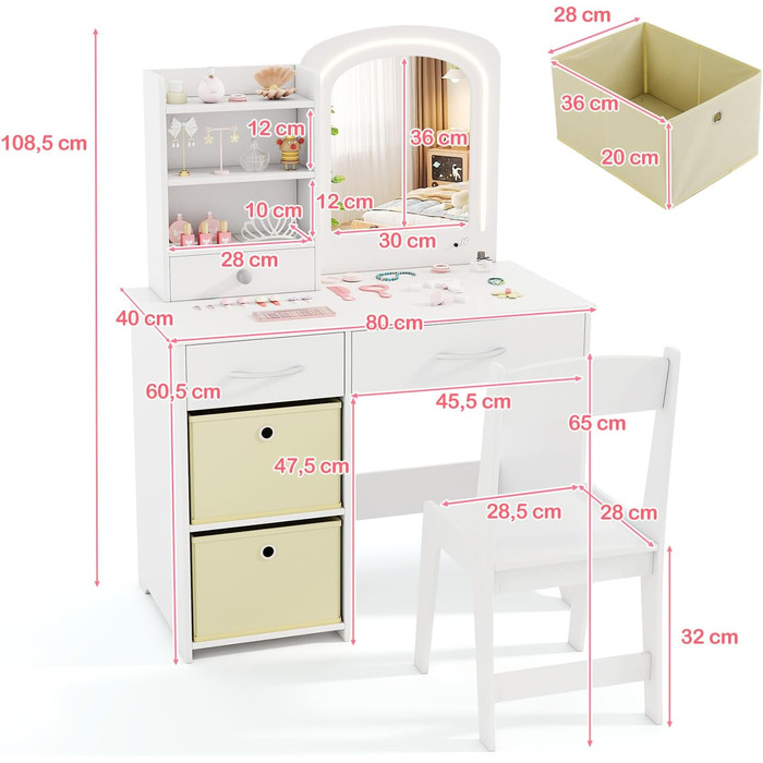 Дитячий туалетний столик DREAMADE для дівчаток з LED-підсвіткою, дерев'яний столик принцеси з відкритими полицями та 5 шухлядами, білий, від 3 років