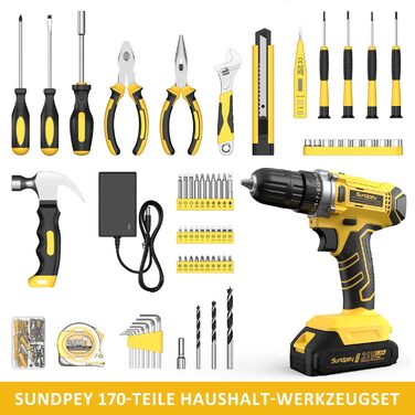 Набір інструментів Sundpey 170 предметів з акумуляторним дрилем-шуруповертом 21V, 2.0Ah, жовтий кейс для дому та ремонту