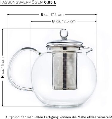 Скляний чайник Creano об'ємом 1,7 л, 3 склянки з вбудованим ситечком з нержавіючої сталі і скляною кришкою, ідеально підходить для приготування розсипного чаю, без крапель, все-в-одному (0,85 л каструлі)