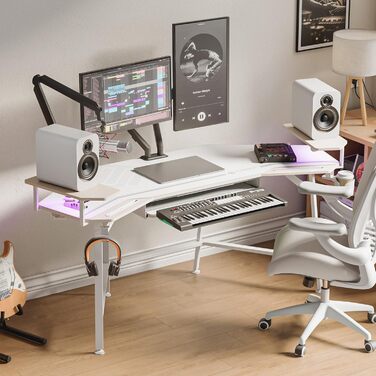 Ігровий стіл EUREKA ERGONOMIC 160x74 см з крилами, для ПК, з 2 відсіками для iPad, для дому, офісу, стрімінгу, білий акорн