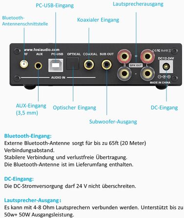 Підсилювач ЦАП Fosi Audio DA2120A HiFi, 2.1CH aptX-HD Bluetooth 5.0, 100 Вт Class-D, в т.ч. пульт дистанційного керування