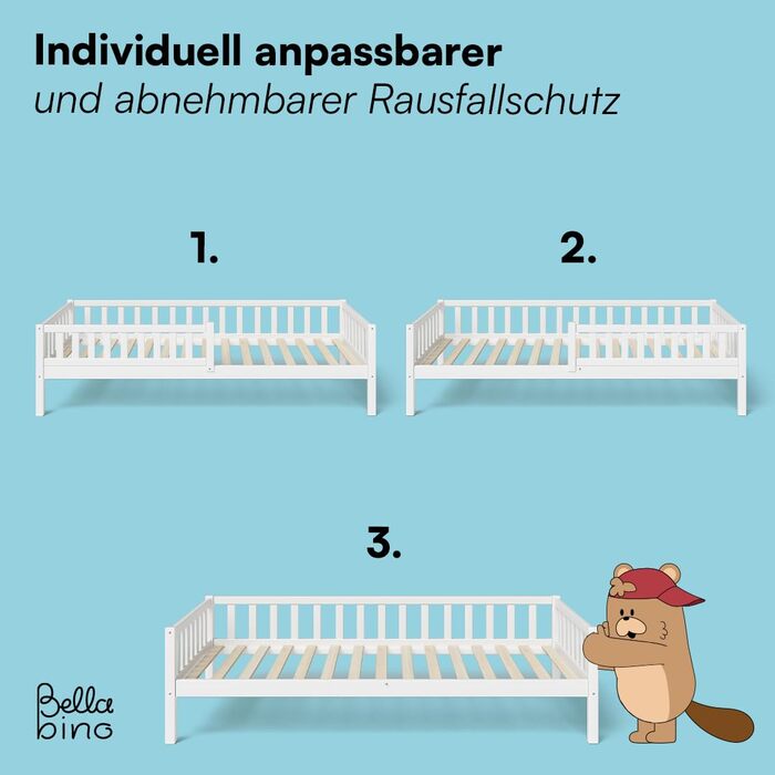 Ліжко дитяче Bellabino Vils 90x200 см з ящиком, захистом від падіння та ламелями – ліжко Монтессорі для дітей з масиву сосни, біле. Підходить для хлопчиків та дівчаток, з місцем для зберігання.