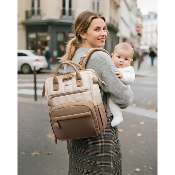 LOVEVOOK Рюкзак-переноска для мами та тата, рюкзак-пеленальник, сумка для підгузків, водонепроникна, з пеленальною підкладкою, з ременями для дитячої коляски, Khaki-beige