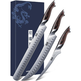 Набір кухонних ножів HOSHANHO 7 предметів: професійний набір з японської сталі з високим вмістом вуглецю, ультрагострі ножі з ергономічними ручками з паккавуду (3 ножі для обробки м'яса)