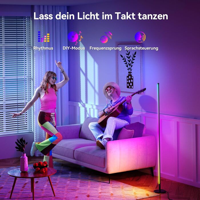 LED торшер для вітальні 160 см RGB кутовий, димується, з пультом та додатком, музичні режими, DIY, таймер - для спальні, геймінгу