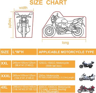 Байкерський чохол для мотоцикла чохол для мотоцикла XXXXL 300D потовщений водонепроникний чохол для мотоцикла брезент з подвійним швом з водонепроникною смугою покращений отвір для замку 295X110X140 см 4XL (XXL - 245x105x125 см)