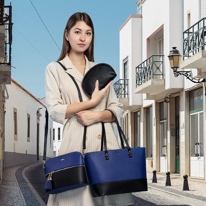 LOVEVOOK Набір сумок для жінок: 3 шт. (шоппер, сумка на плече, сумка з ручкою) для подорожей, бізнесу, покупок (синій+чорний)