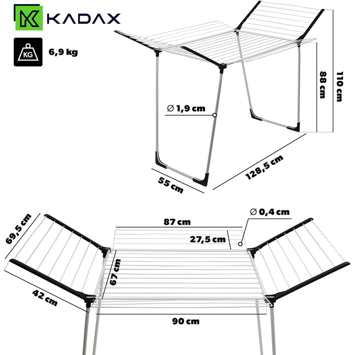 Сушильна стійка KADAX, велика сушильна машина, сушильна машина з крилами для довгої білизни, сушарка зі складними крилами, підлогова сушарка з порошковим покриттям (з 4 лопатями)
