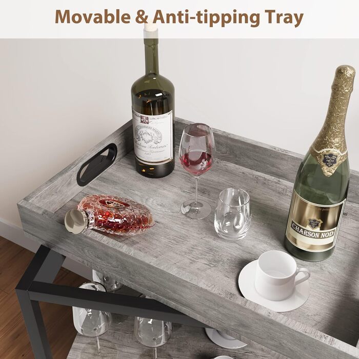 Сервізний візок HAUSPROFI з 3 рівнями, на колесах, для кухні та бару, сірий, з полицями для вина, сталевий каркас, індустріальний дизайн