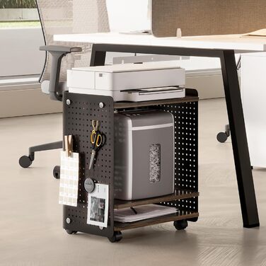 Робочий стіл для принтера Fenge з колесами, мобільний тримач для принтера з перфорованою панеллю, 3 рівні, стійка для принтера/рол-контейнер з органайзером, полиця, шафа для офісу та дому, 45,3x33,5x53,5 см (Коричневий+Чорний)