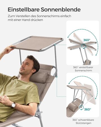Лежак для відпочинку SONGMICS, розкладний, 193 x 53 x 29 см, до 150 кг, захист від сонця, подушка, регульована спинка, для саду, басейну, тераси (Taupe, без наматрацу)
