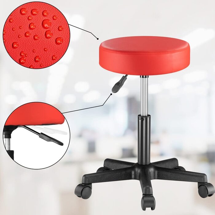 Стілець на коліщатках Casaria з регульованою висотою 0 см, набивка, поворот на 360 , Висота сидіння 46-60 см, офісний стілець, обертовий стілець, робочий стілець, табурет (2, Червоний)