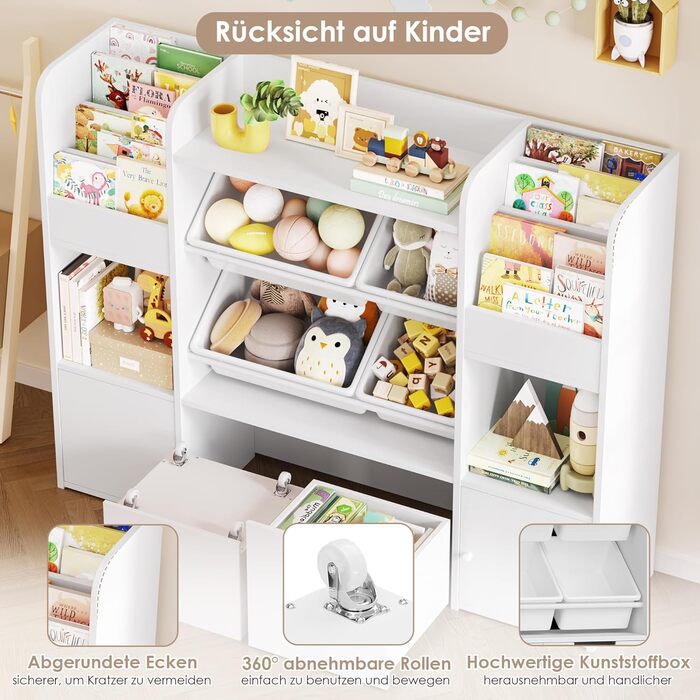 FOREHILL Дитяча полиця для іграшок та книжок, меблі для дитячої кімнати, полиця для дитячої з 2 ящиками на колесах, шафка для дитячих речей з 4 ящиками, 126x30x104 см (Білий/Рожевий)