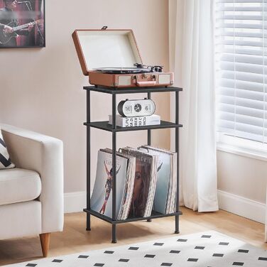 HOOBRO Підставка для програвача, 3-рівнева, приставний столик, органайзер для платівок, CD та альбомів, вінтажний коричневий та чорний (Чорний)