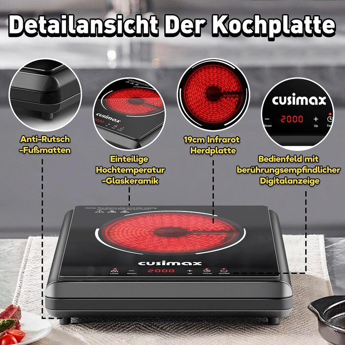 Двохконфорочна індукційна плита CUSIMAX 3500W з LED дисплеєм та сенсорним керуванням, склокераміка, захист від дітей