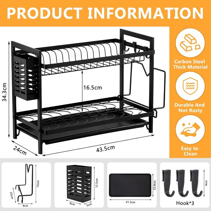 Сушарка для посуду MAISITOO, 2-рівнева сушарка для посуду з нержавіючої сталі, сушарка для посуду великої місткості, сушарка для посуду з тримачем для нарізаної дошки, тримачем посуду, піддоном для крапель і гачком, чорний