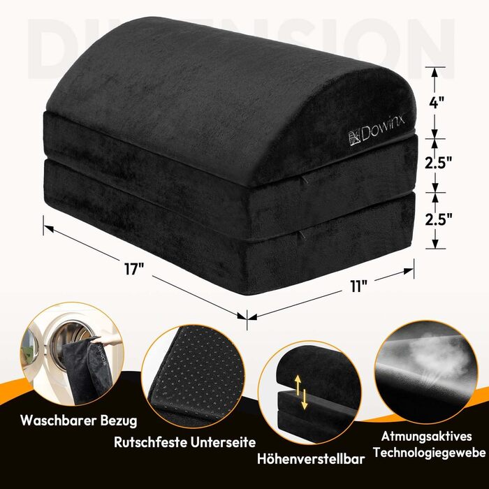 Підставка для ніг під стіл Dowinx, регульована по висоті, знімний чохол, зручна для офісу, авто, дому (3 рівня, м'яка, чорна)