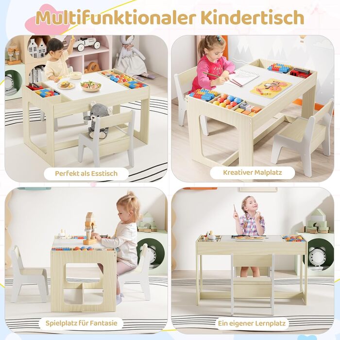 Дитячий стіл та стільці Mamizо з місцем для зберігання, набір для дитячої кімнати, школи, дитячого садка, від 3 років (білий)