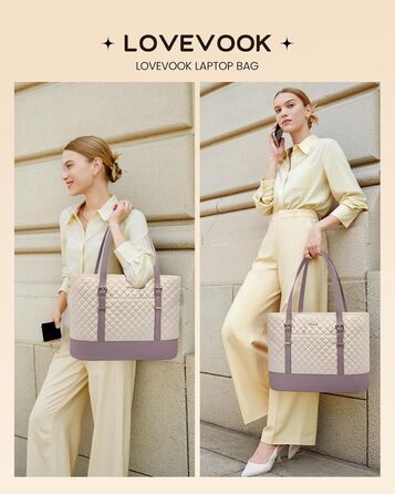 Сумка для ноутбука LOVEVOOK 15.6 дюймів для жінок з відділенням для ланчу, сумка-шоппер, ділова сумка, портфель, сумка для навчання, містка, водонепроникна, для офісу, університету, чорна (15.6 дюймів, Бежевий, Рожевий)