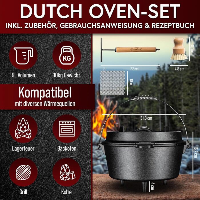 Набір голландської печі: чавунний казанок 4,5л та 9л з ніжками, для 2-4 осіб, з кришкою-підйомником, очищувачем та щіткою, з рецептами, 30 років гарантії